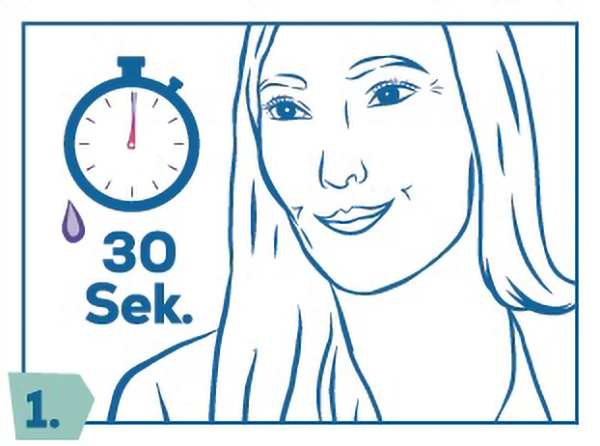 Illustration einer Person mit Tropfensymbol, Stoppuhr und Hinweis auf 30 Sekunden Wartezeit