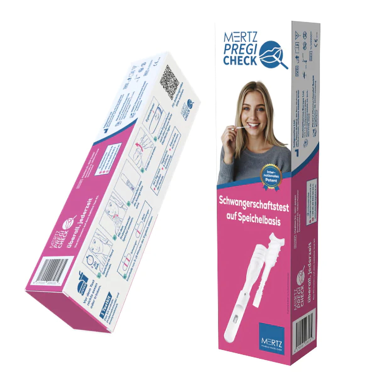 Verpackung des Schwangerschaftstests Merz Pregi Check auf Speichelbasis mit Produktabbildung und Anleitung